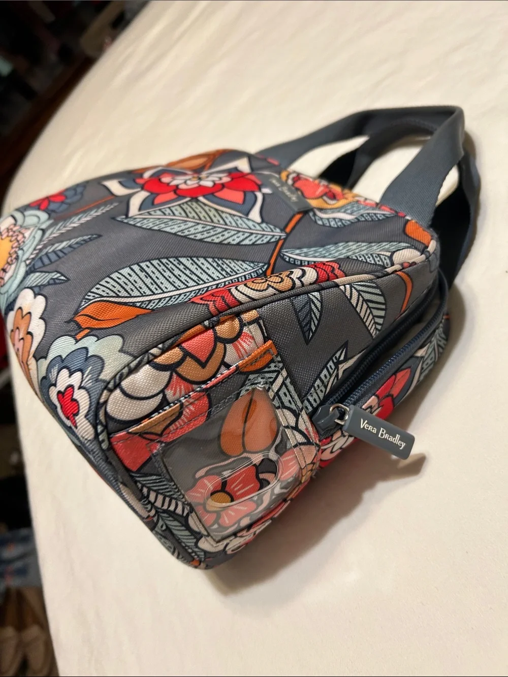 Vera Bradley Gray Floral Cosmetic Case with Red and Orange Accents